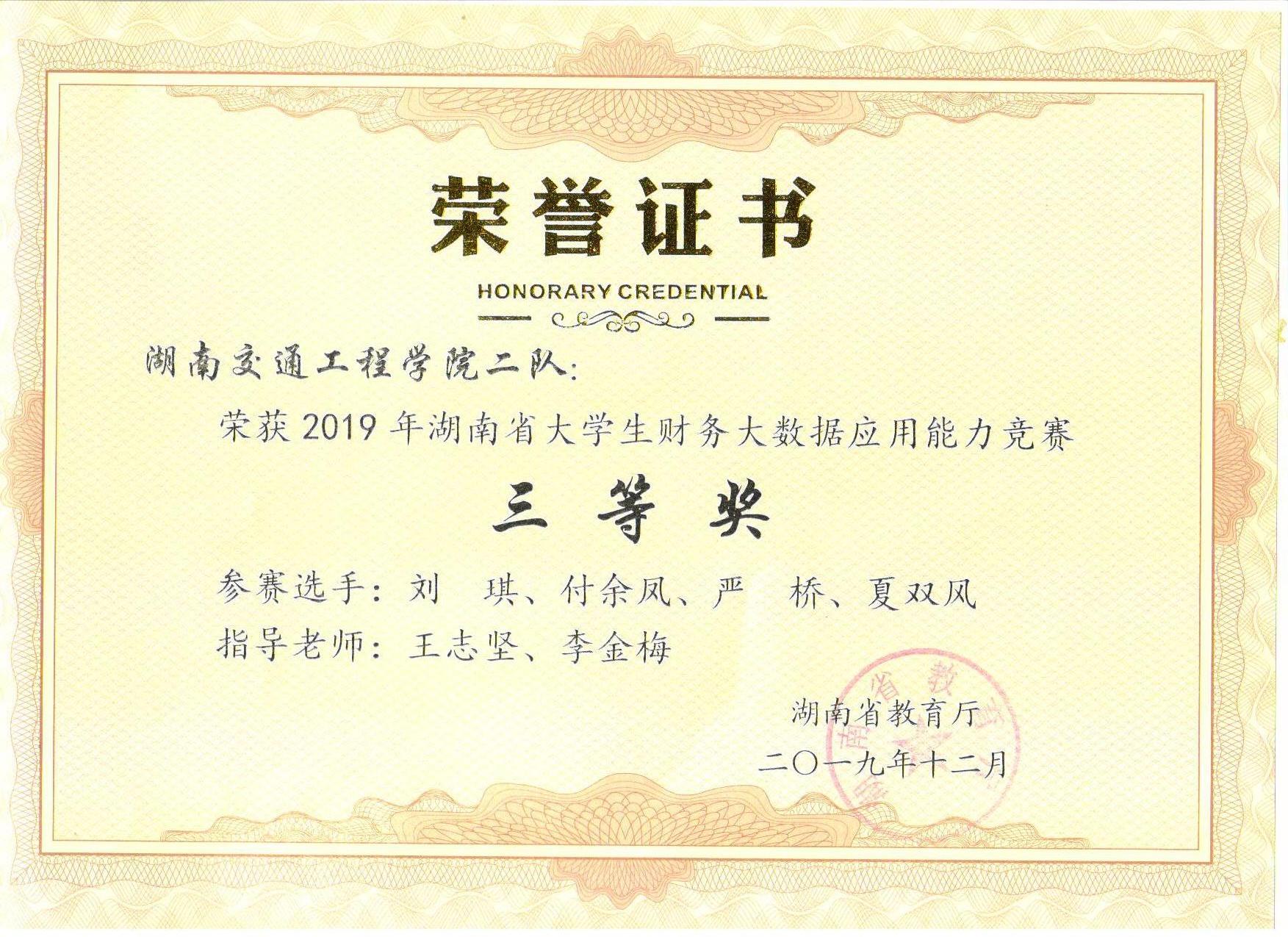 2019年财务大数据获奖证书